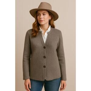 Eileen Fisher SZ L Button Wool Blend Front Notch Collar Textured Cardigan Brown